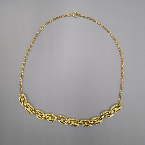 Gold tone Brushed Abstract Dual Link Necklace Vintage - Picture 2 of 13